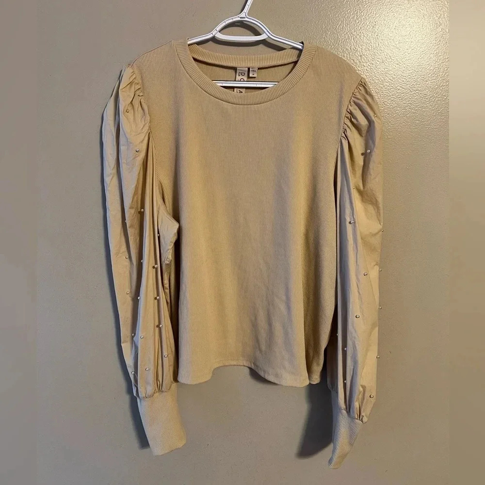 Dolan Puff Sleeve Pearl Embellished‎ Blouse Shirt Tan Crewneck 3X Ribbed